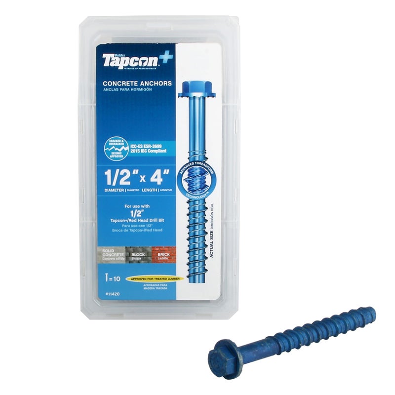 Tapcon+ 1/2 x 4 Inch Heavy-Duty Hex Head Concrete Anchors, 10 PCS, Corrosion Resistant Blue Climasealâ„¢ Coating, Outdoor Rated Use, Concrete Block & Masonry Brick Screws, Drill Bit Sold Separately - Image 1